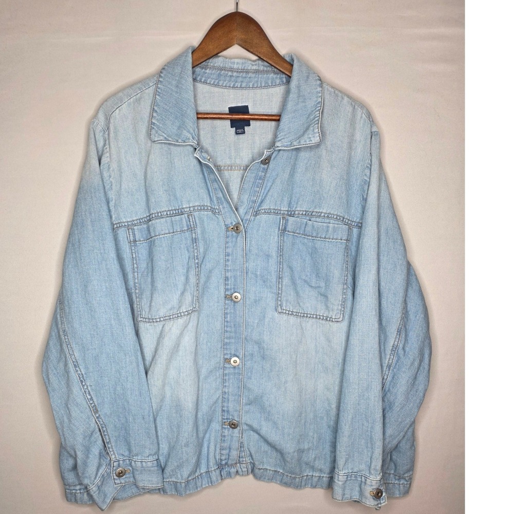 J. Jill Women's Band Collar Light Wash Denim Jacket 3X Side Slit/chest pockets